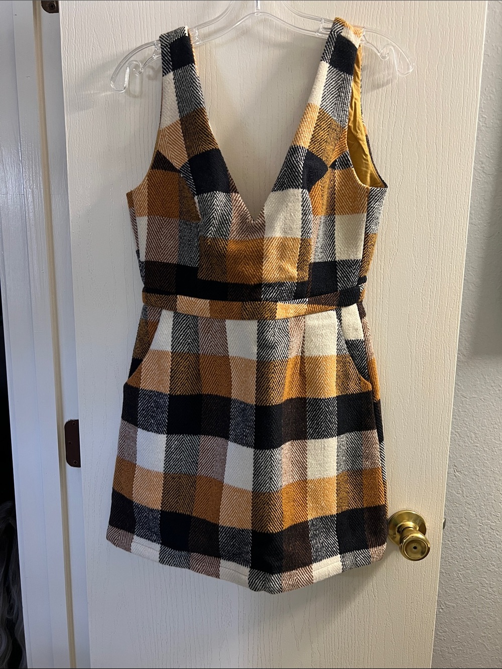 Lulu's Mustard Black Cream Plaid Mini Dress